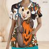 Women Plus Size V Neck Short Sleeve Goat Pumpkin Ghost Floral Print Nurse Scrub Top With Pockets