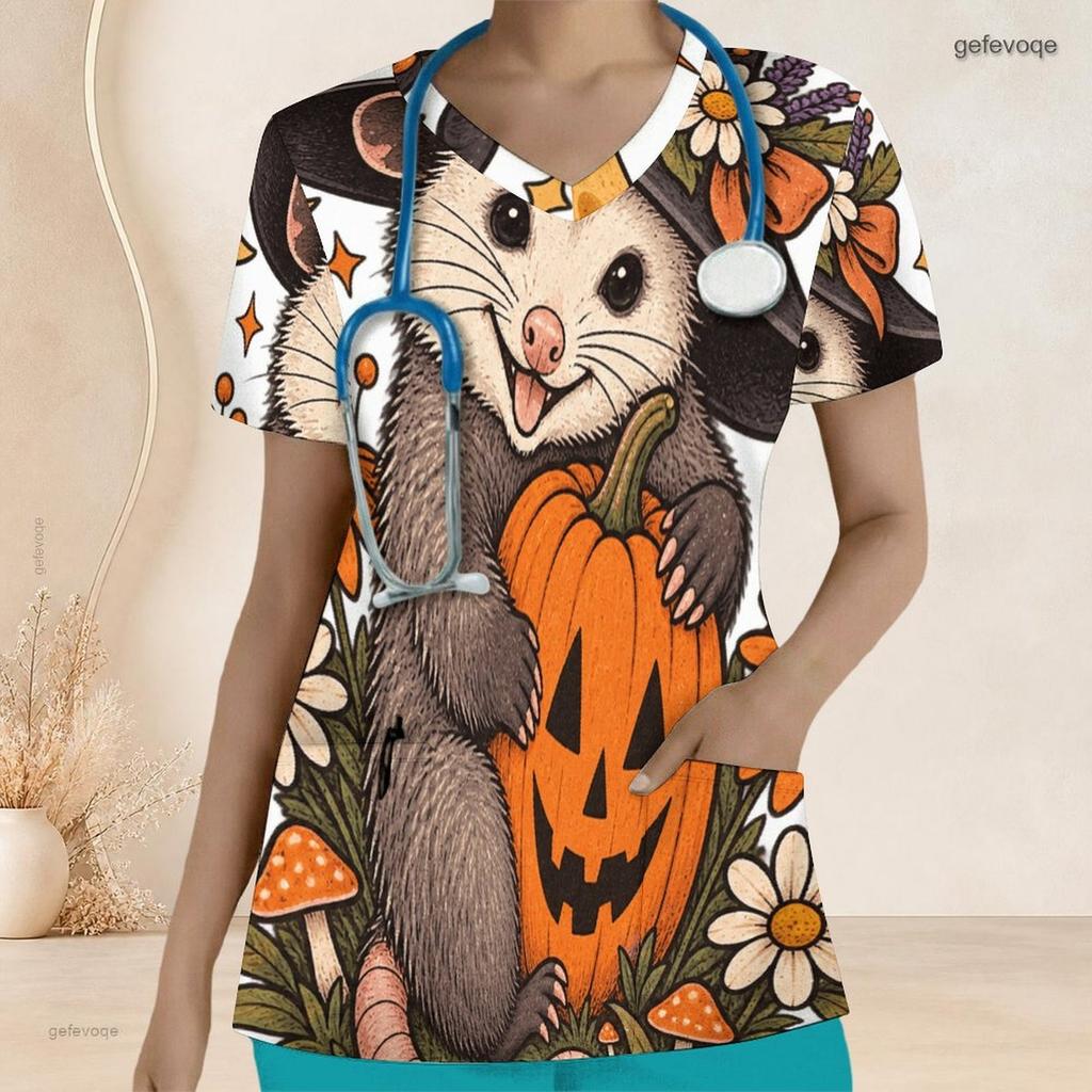 Women Plus Size V Neck Short Sleeve Goat Pumpkin Ghost Floral Print Nurse Scrub Top With Pockets
