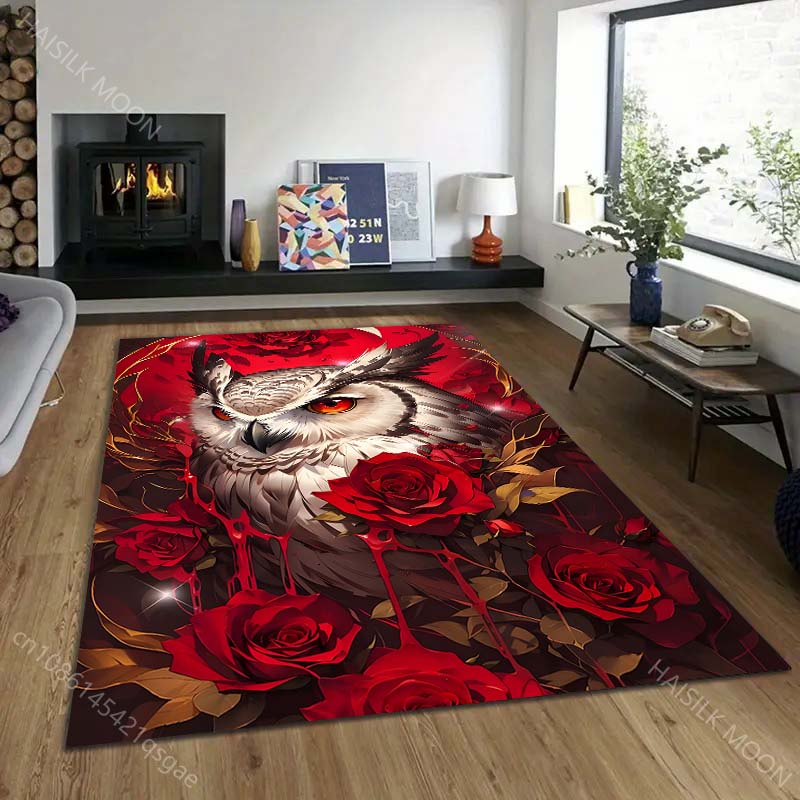 1PC Owl and Red Roses Pattern Rug Carpets for Bedroom Living Room Sofa Mat Creative Door Mat Cloakroom Home Decor