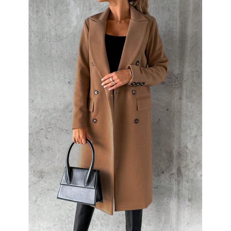 Womens Long Wool Blend Coat With Real Pockets Thick Winter Outerwear Classic Notched Collar Double-Breasted Button