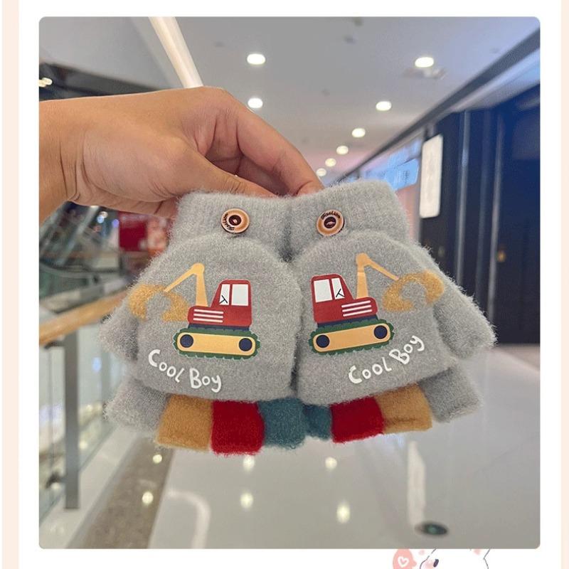 Guantes de Invierno de Dibujos Animados para Niño Lindo Excavadora Gruesos Cálidos Niños Medio Dedo Manoplas Abatibles Exterior Niño Pequeño Cortavientos Guantes para Niños