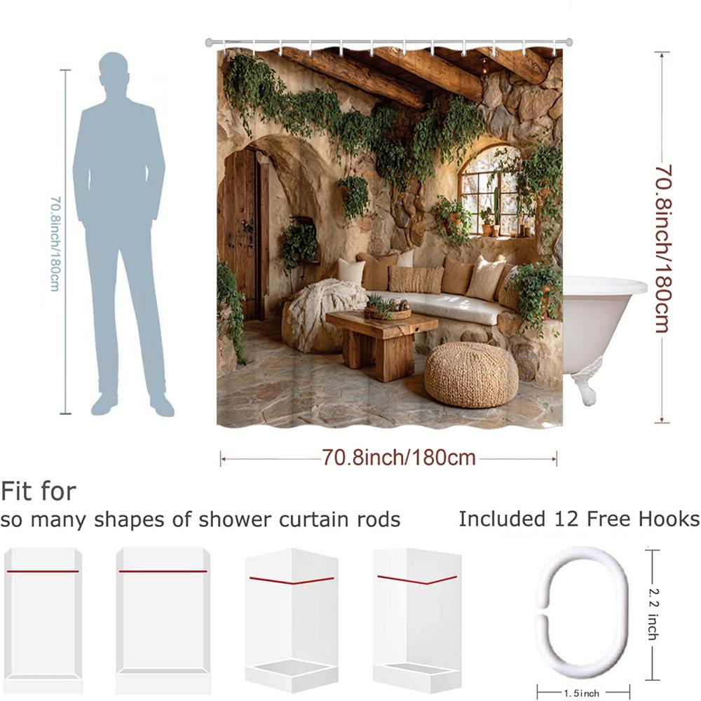 Cave Room Shower Curtain Rustic Stone Interior Print Waterproof Polyester Bathroom Decor Bath Curtain Set