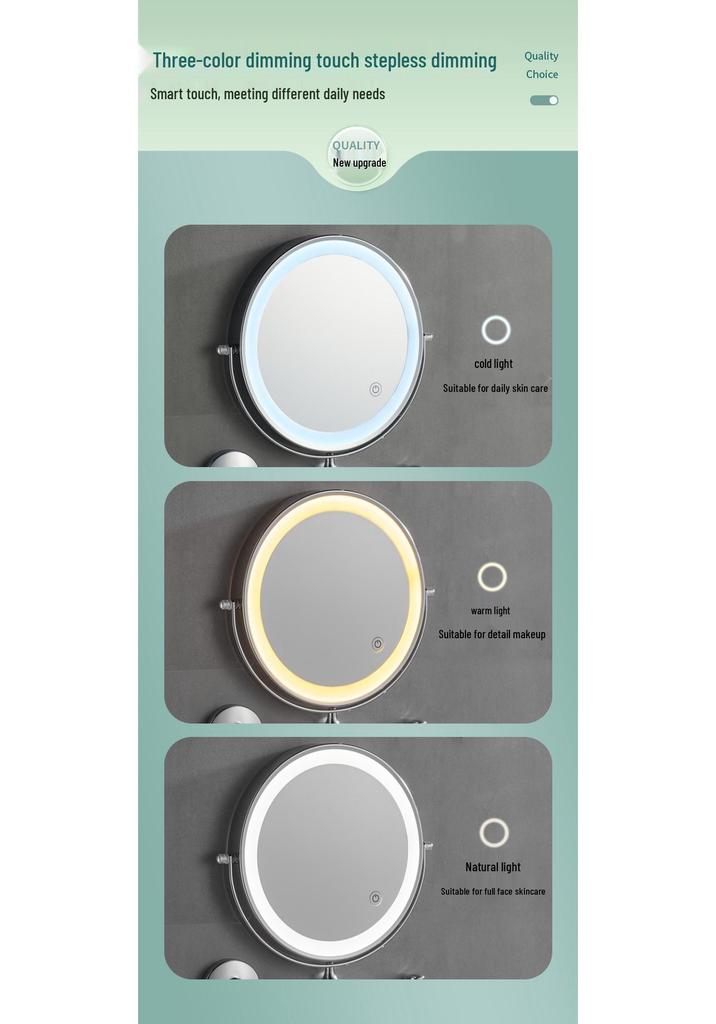 Wall-Mounted LED Vanity Mirror, Double-Sided with Light and Magnifier, Punch-Free Folding Design for Bathroom and Hotel Use