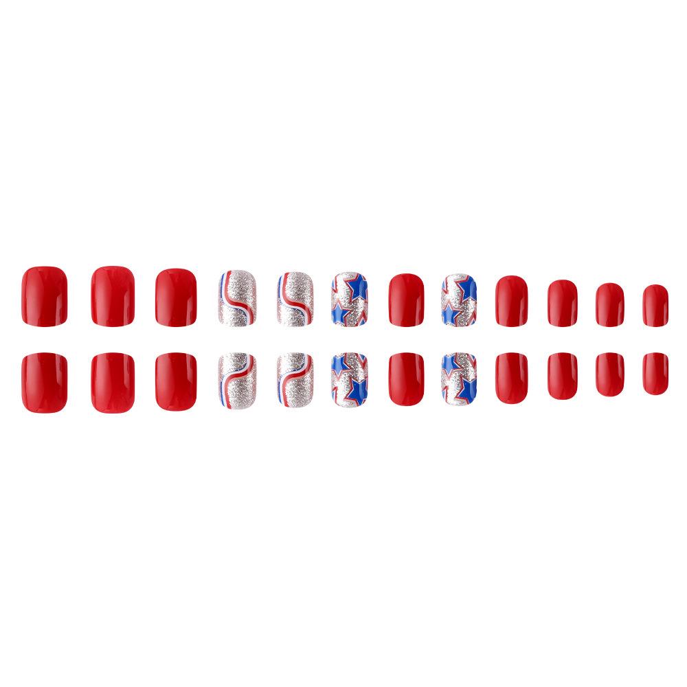 Independence Day Glossy Euro Square Short False Nails Set 24 pcs - Star & Stripes Design, Wearable & Removable