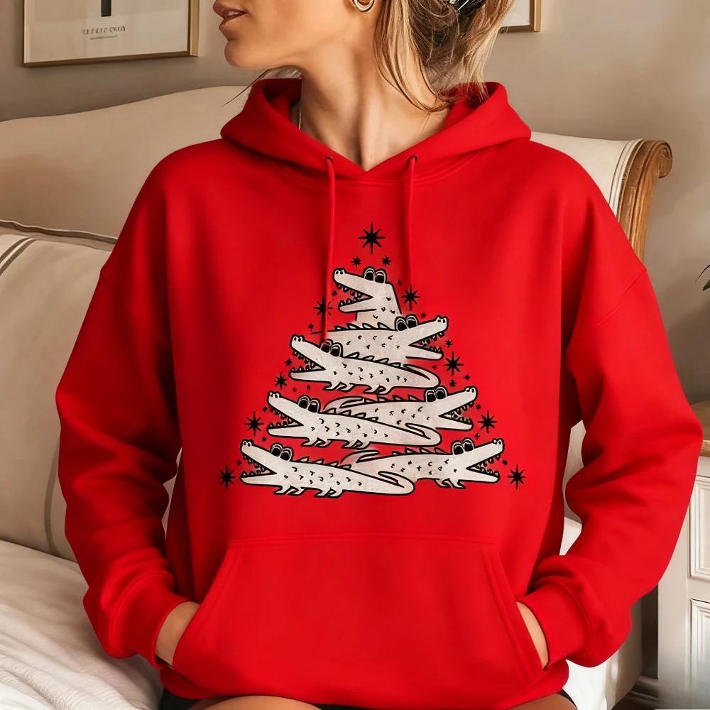 Christmas Sweatshirt Funny Xmas Alligator Tree Top Christmas Gift Women Daily Apparel Christmas Autumn Winter Long Sleeve Hoodie