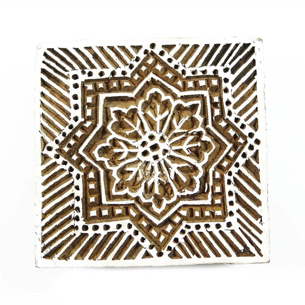 Square Shape Wooden Block Floral Print Printing Textile Stamp On Apparel