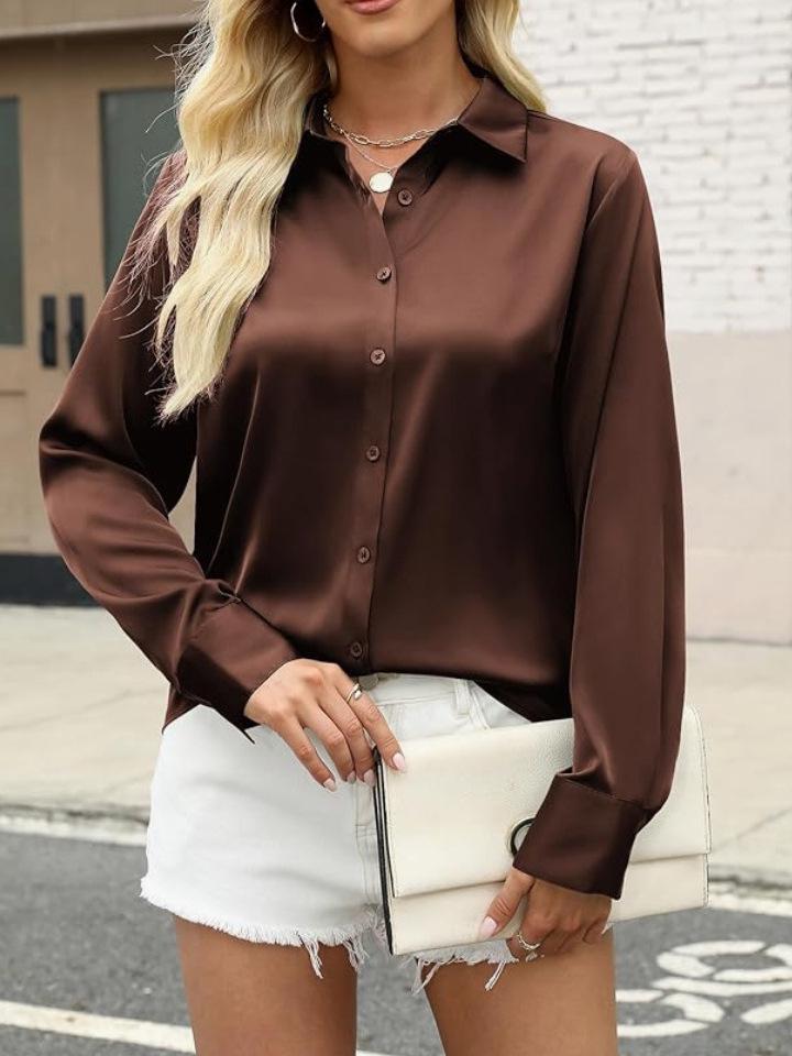 Elegant Women's Solid Color Satin Long Sleeve Shirt with Retro Buttons