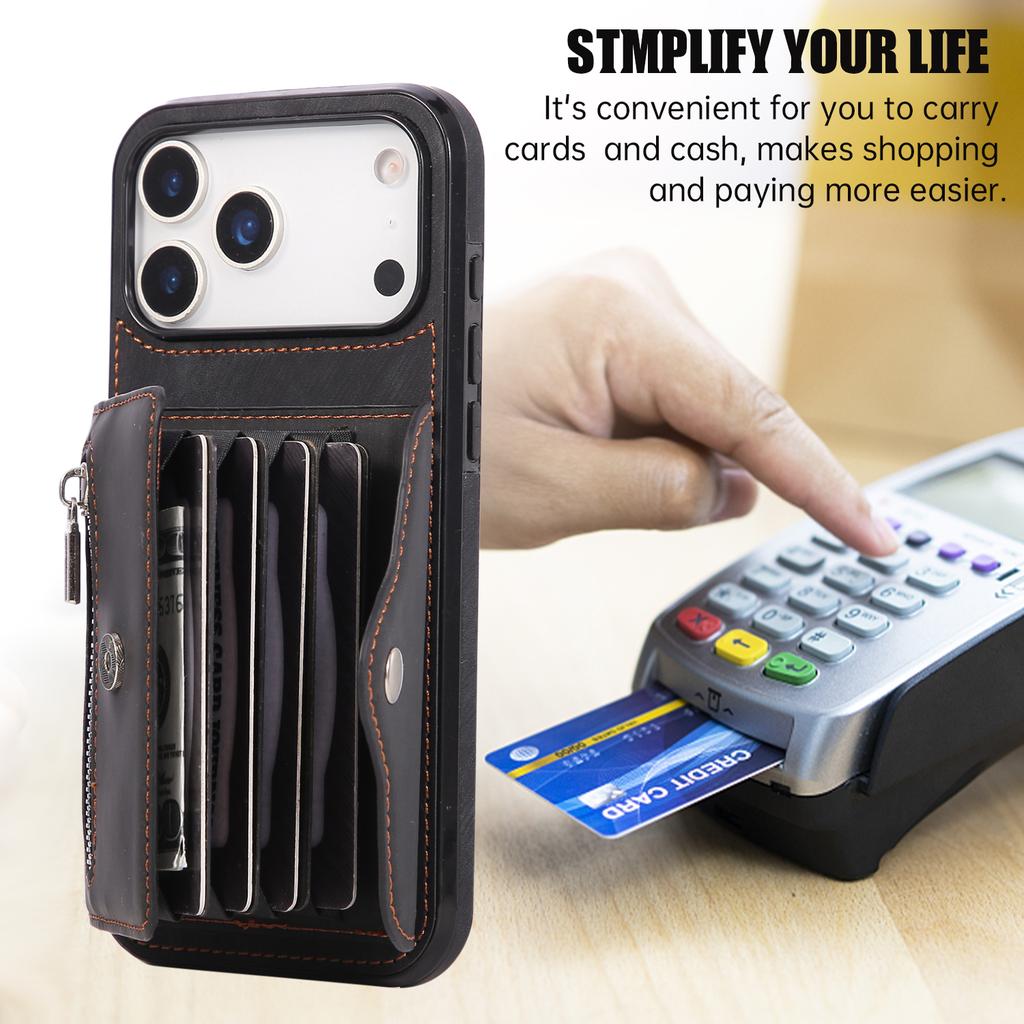 Phone Case for iPhone 17 Pro Max 16E Air 16 Pro 15 Plus 14 13 Mini 12 11 Lanyard Zipper Plain Leather Card Holder Wallet Cover