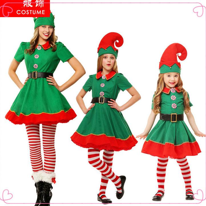 Costume d'Elfe de Noël pour Enfants, Costume Cosplay Vert de Noël pour Adulte pour Fête Familiale coordonnée