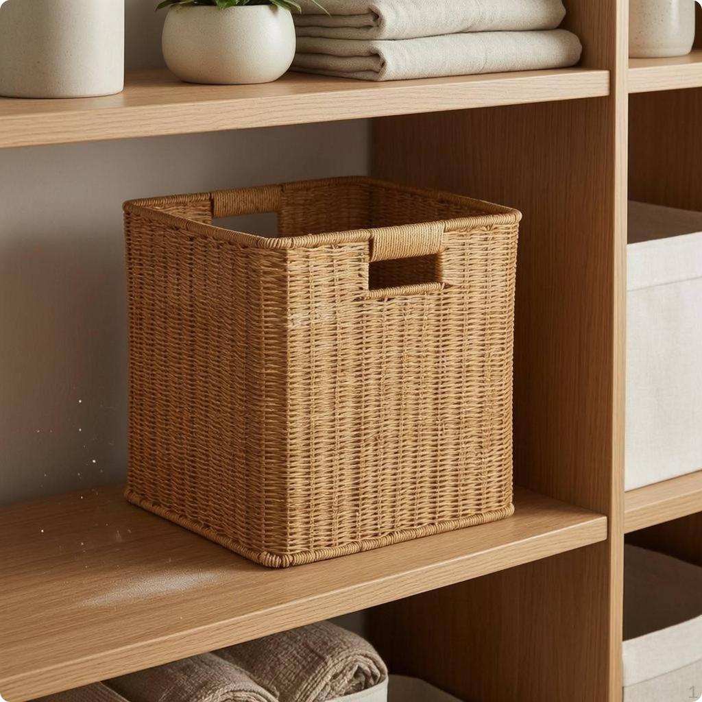 Cesto in Rattan con Apertura Superiore Manici Ritagliati Rettangolari Marrone Chiaro 35x26x18.5cm
