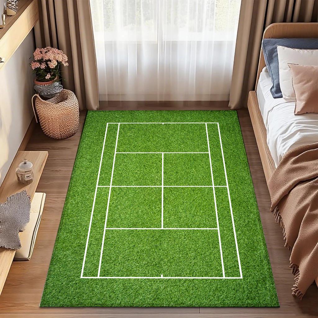 Tappeto Grande per Soggiorno con Motivo Campo da Tennis Bordo Verde con Motivo Campo Blu Tappeto Antiscivolo per Decorazione Casa