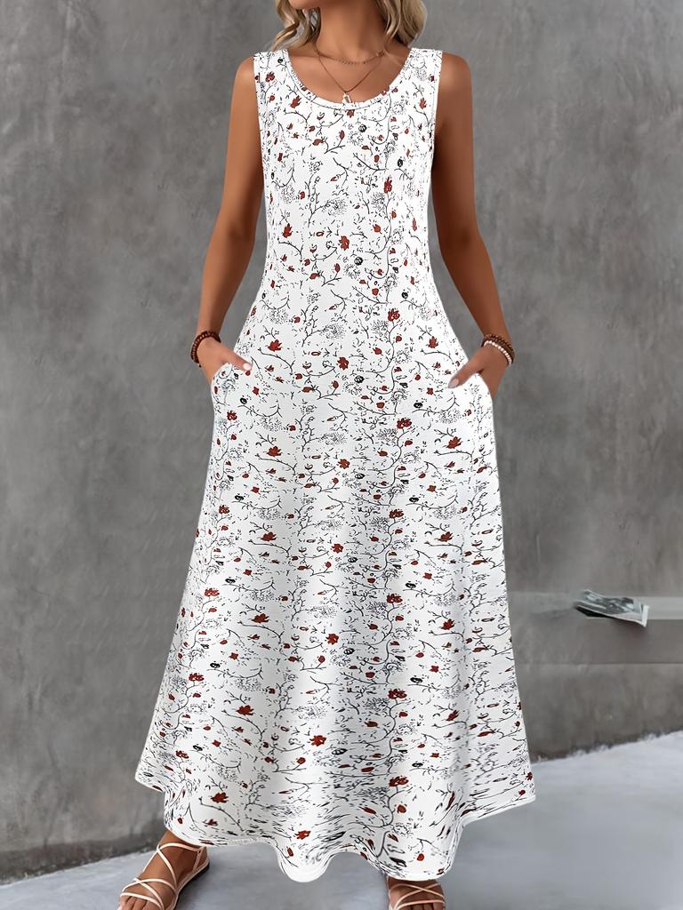 Plus Size Women Summer Dress Elegant Round Neck Sleeveless Slim Print Pocket Dress Flattering Comfort