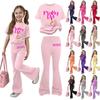 Girls Casual Two Piece Outfit Short Sleeve T Shirt and Long Pants Set Printed Design Comfortable Fit Soft Fabric Suitable for Daily Wear