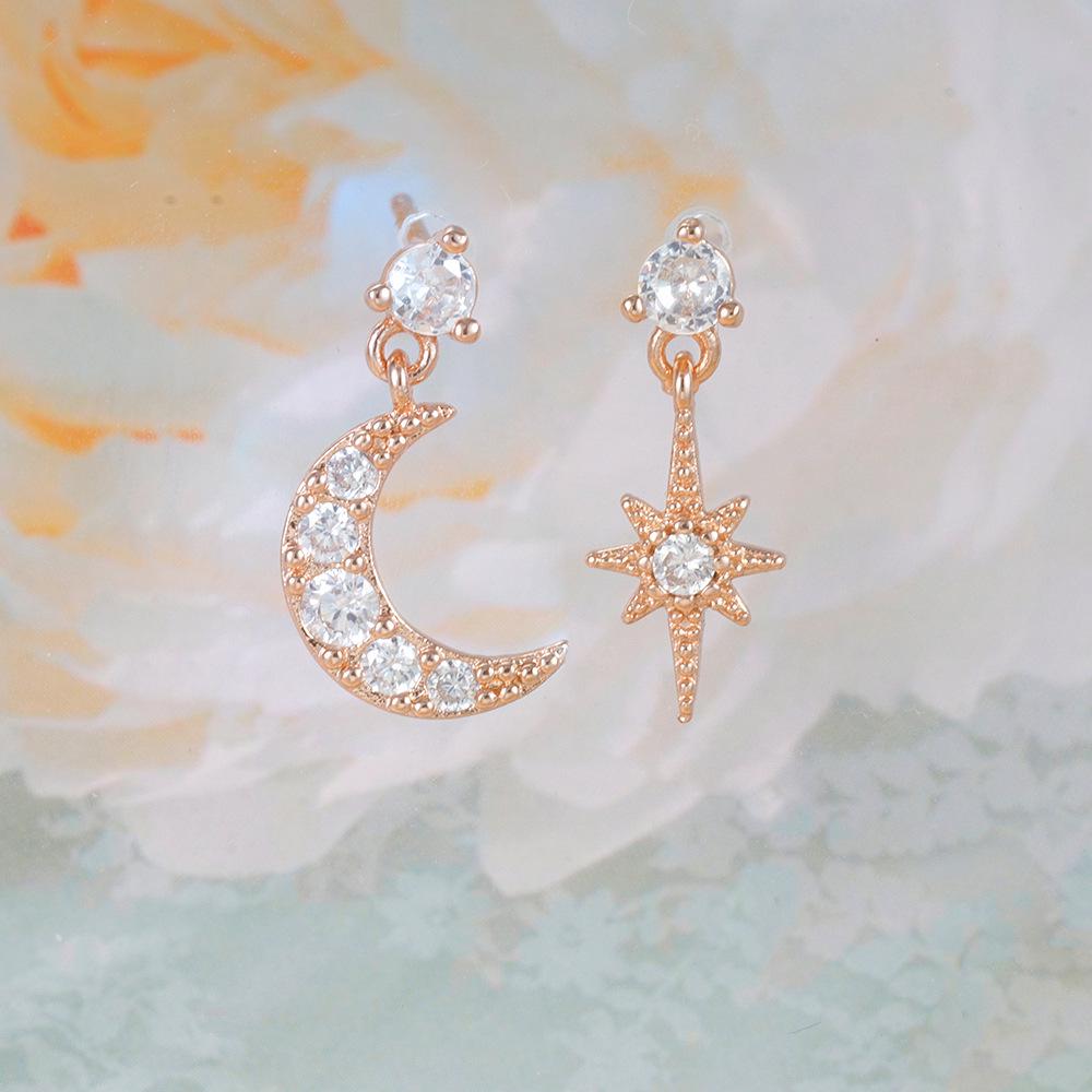 18K Gold-Plated Zircon Stud Earrings: Asymmetrical Star & Moon Design with S925 Silver Needle
