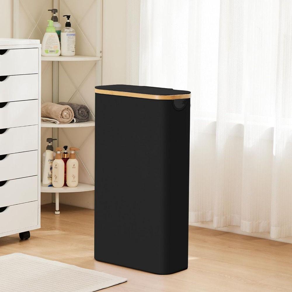 Schlanker Wäschekorb mit Deckel und Bambusgriffen, zusammenklappbarer Wäschekorb, Behälter für Handtücher