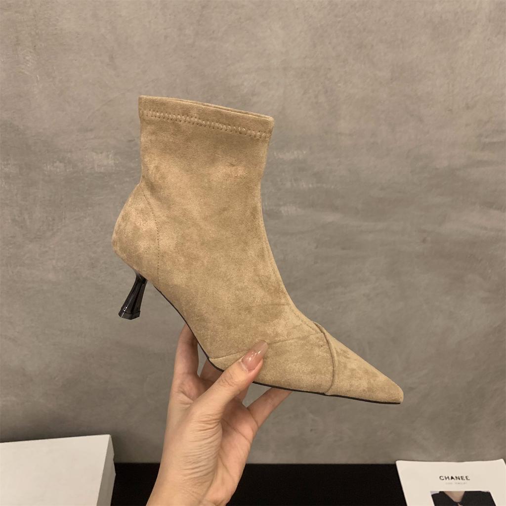 High Heel Thin Heel Pointed Suede Thin Boots Short Boots Women's Shoes 2025 New Autumn and Winter Brown French Small Ankle Boots