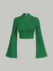 Women Textured Mock Neck Flare Long Sleeve Crop Top Elegant Preppy Style Y2K Rib Knit Slim T Shirt Blouse