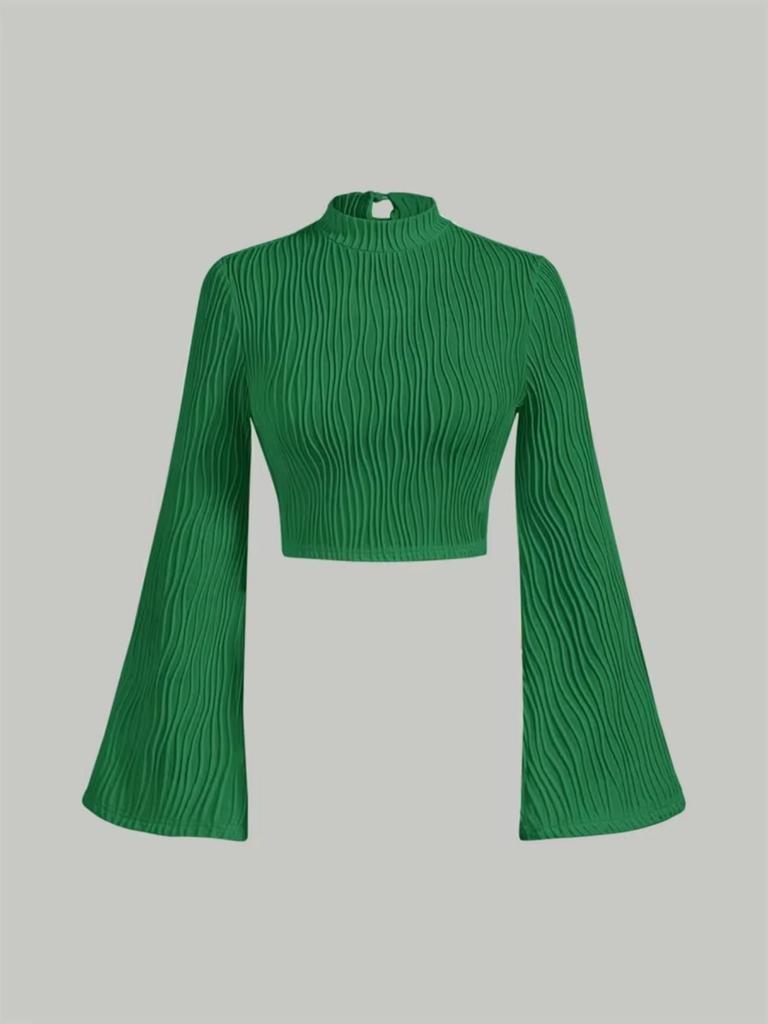 Women Textured Mock Neck Flare Long Sleeve Crop Top Elegant Preppy Style Y2K Rib Knit Slim T Shirt Blouse