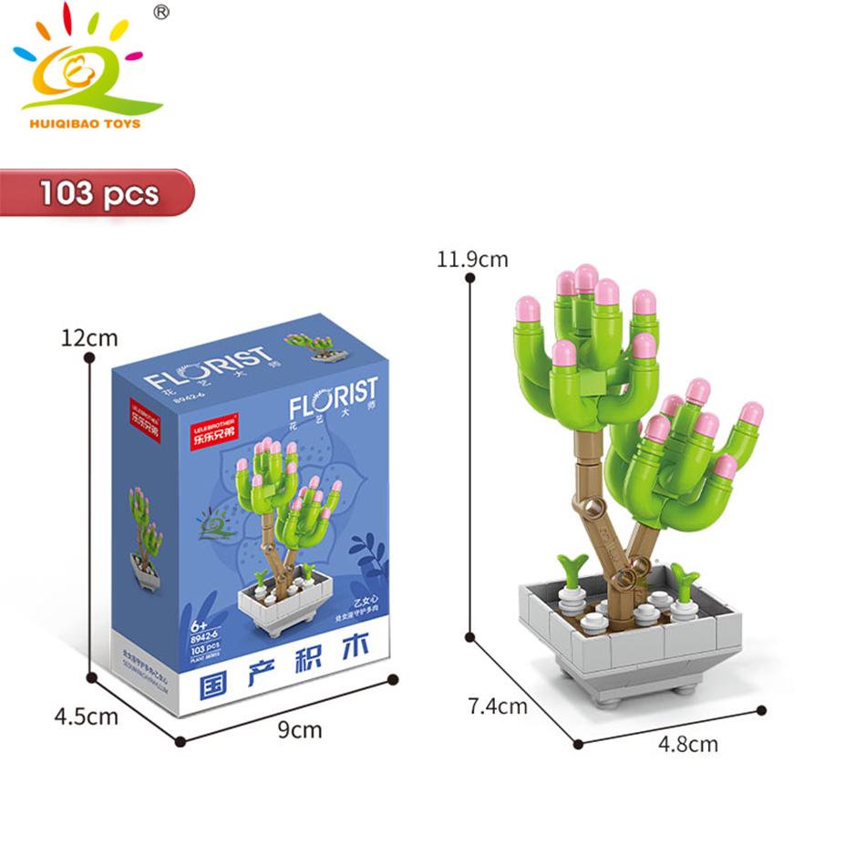 HUIQIBAO MOC Flower Succulent Potted Model Building Block DIY Eternal Bouquet Home Desk Plant Decor Brick Girl Gift Children Toy