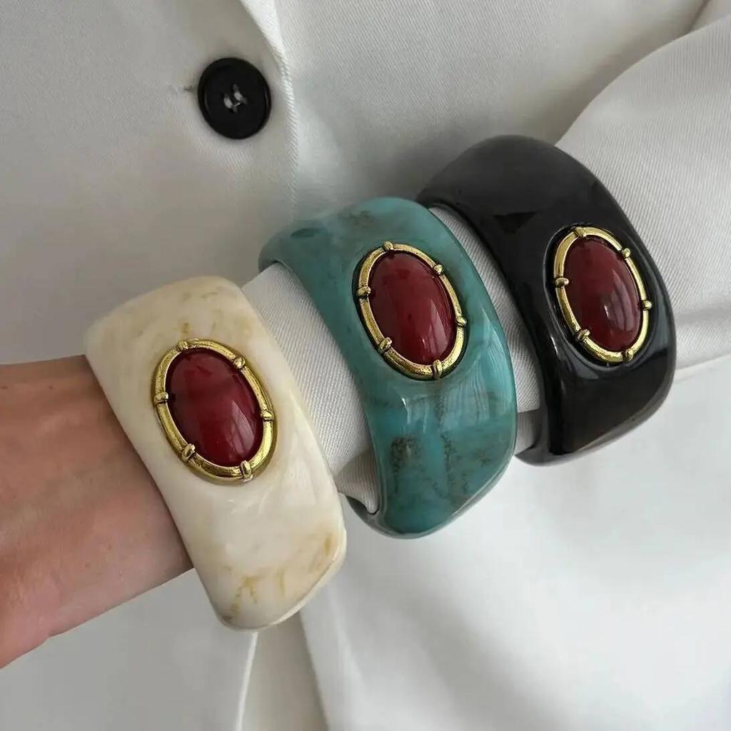 Salircon Vintage Exaggerated Inlay Red Stone Resin Acrylic Stack Bracelet Women Punk Geometric Chunky Wide Cuff Bangle Jewelry