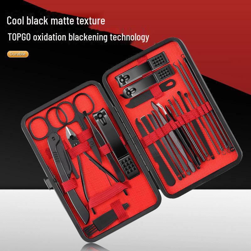 24-Piece Black & Red Manicure Set: Nail Clippers, Tweezers, Ear Pick, Scissors
