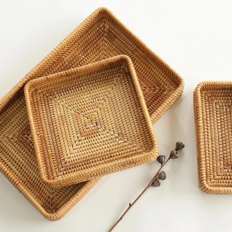 New Handwoven Rattan Storage Basket Square Wicker Tray Picnic Basket Bread Food Plate Fruit Cake Sundries Box Home Desk Decor