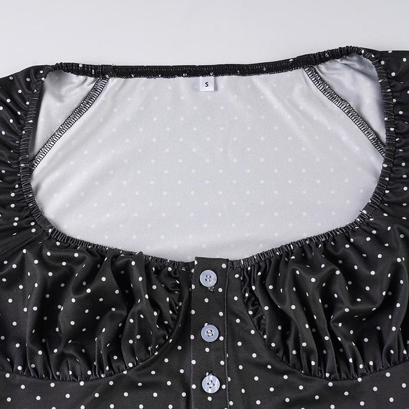 European & American Sweet Polka Dot Puff Sleeve Cropped Top with Button-Up & Round Neck - Slim Fit, Long Sleeve