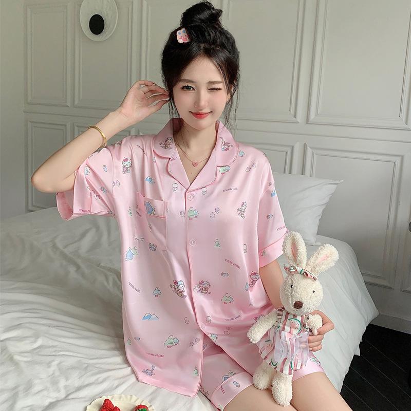 Japanese Style Home Pajamas Lapel Cartoon Short-Sleeved Shorts Ice Silk Thin Loungewear Set