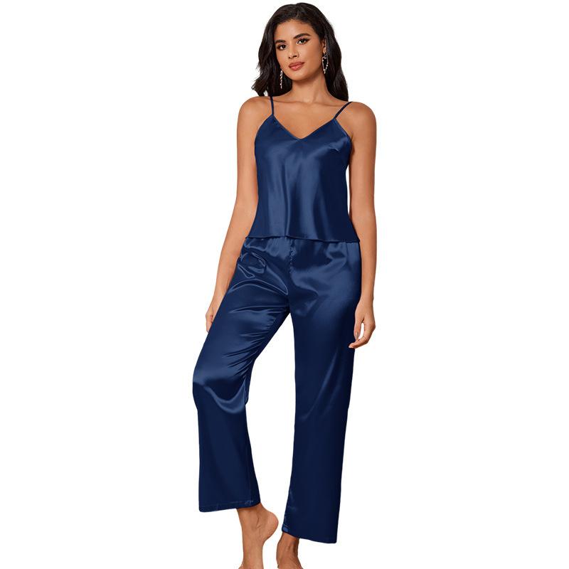 Autumn thin ice silk loungewear women's suspender trousers pajamas set casual simple loose sleeveless pajamas
