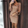 Women's Fashion Spring Fall Solid Color Print Long Sleeve V-Neck High Waist Casual Dresses
