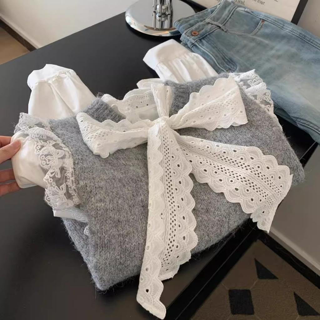 Womens Vintage Lace Trim Sleeveless Knit Vest Korean Style Loose Fit Layering Top