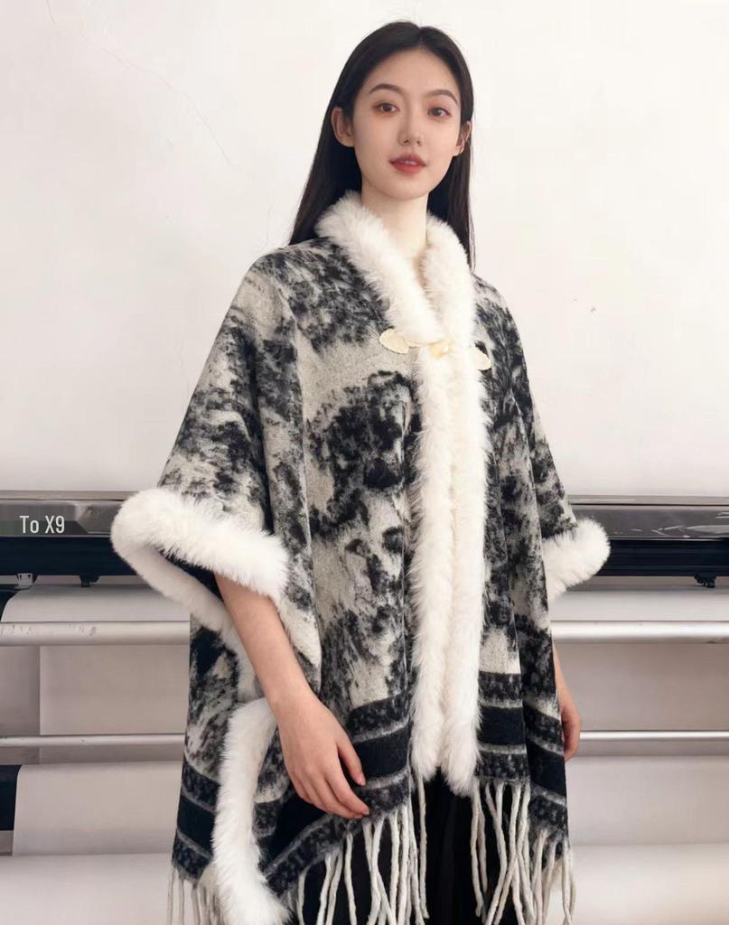 Elegant Women's Floral Ink Wash Shawl - Soft Cashmere Feel, Tassel Detail Cape