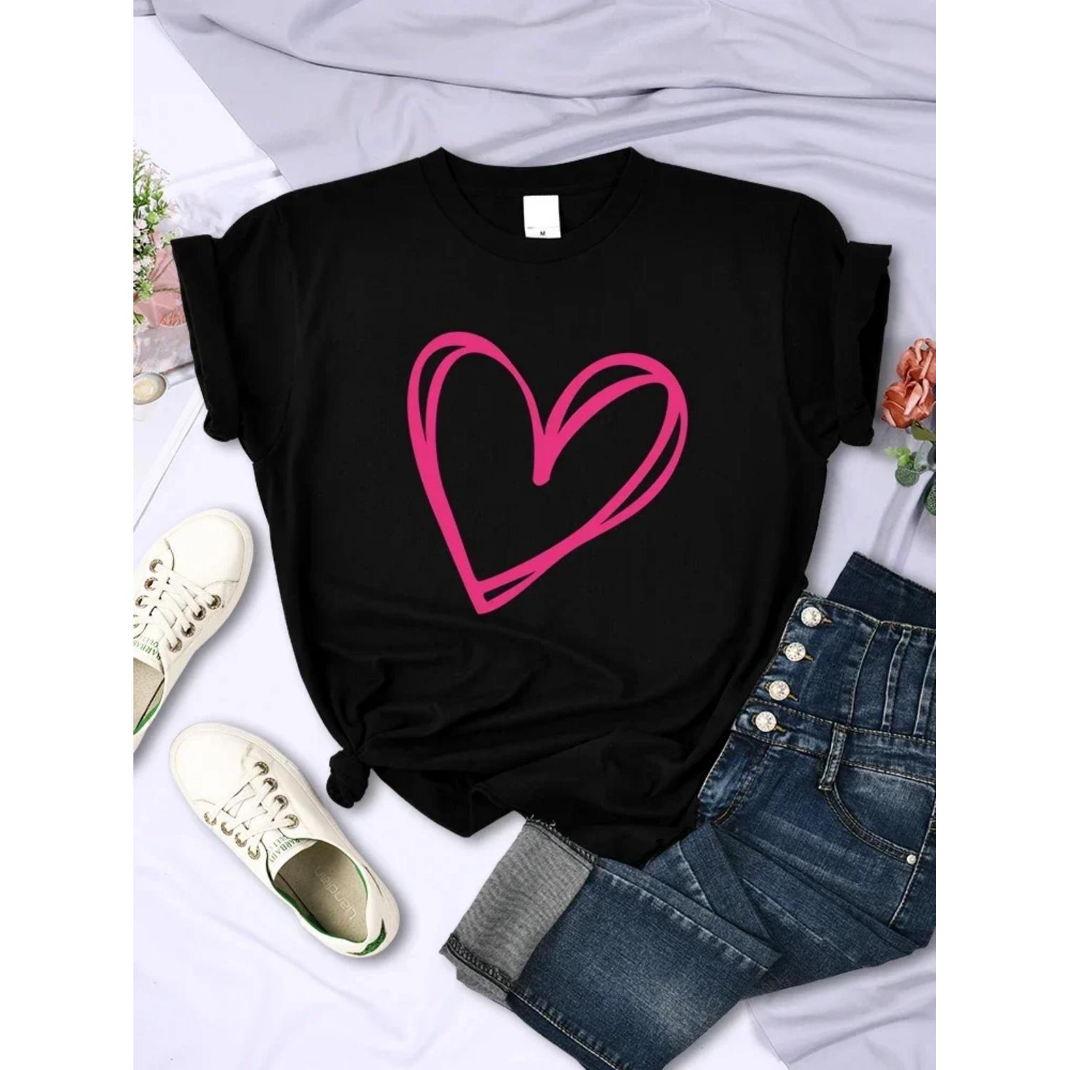 

Plus Size Pink Heart Print Women Tee Clothing Personality Casual T-Shirts All-math Short Sleeve Creative O-Neck Womans Tops S чёрный