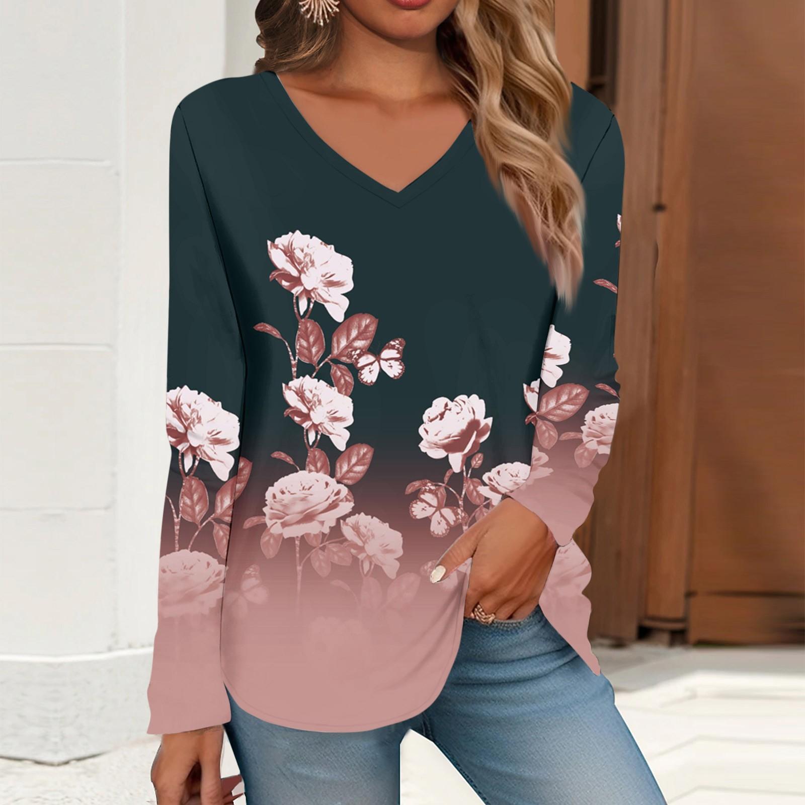 

Жен. Футболка Футболка С принтом Длинный рукав Повседневные Выходные Повседневные Классический V-образный вырез Обычный Осень Зима Верхушки XL винный