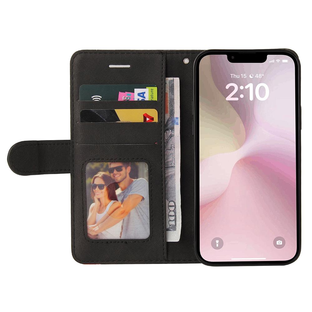

For iPhone 16e Leather Case Wallet Stand Color Splicing Phone Cover Black
