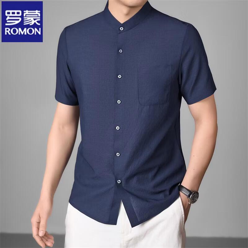 ROMON Men s Summer Linen Blend Stand-Collar Short-Sleeve Shirt 175