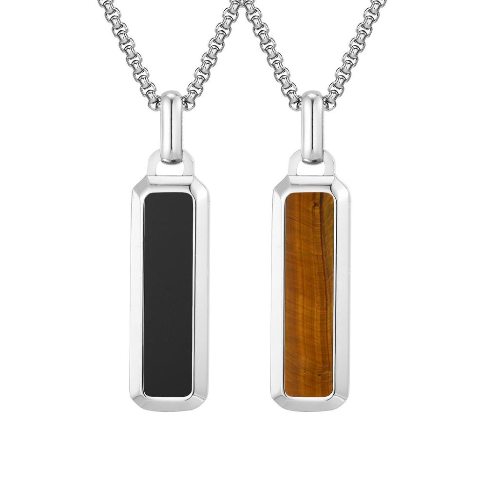 Men's Stainless Steel Pendant Necklace with Natural Tiger Eye Bar - Versatile Geometric Design, PN-2226