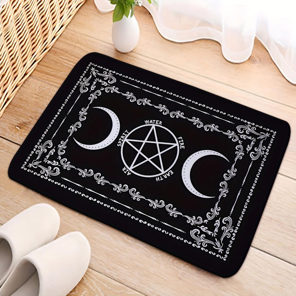 Occult Moon Pentagram Doormat Wiccan Element Symbol Print Black and White Gothic Floor Rug for Home Porch Living Room Bedroom