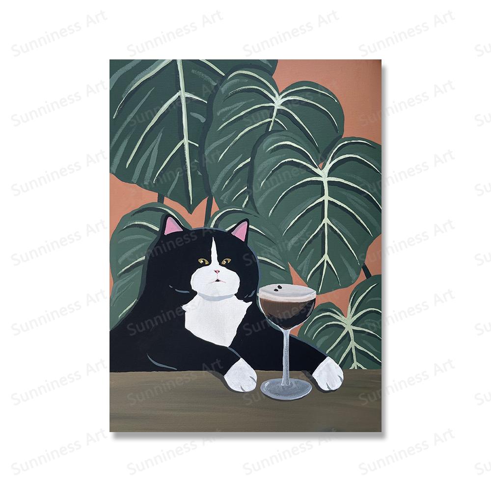 Abstract Green Plant Flower Black Cat Wall Art Canvas Painting Funny Posters And Prints Wall Pictures For Boho Living Room Decor