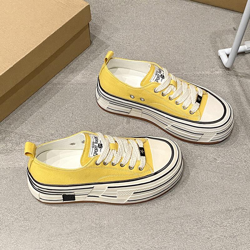 

[Хан Лу] Универсальная трендовая повседневная обувь Весной 2025 года новые туфли на платформе-маффин увеличат высоту холщовых туфель на 5 см. 40 жёлтый