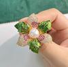 Elegant Colorful Bauhinia Flower Brooches for Women Luxury Pearl Rhinestone Enamel Green Leaves Corsage Accessories Wedding Pin