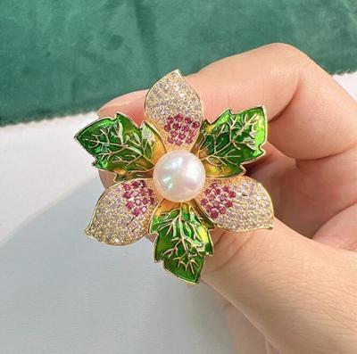 Elegant Colorful Bauhinia Flower Brooches for Women Luxury Pearl Rhinestone Enamel Green Leaves Corsage Accessories Wedding Pin