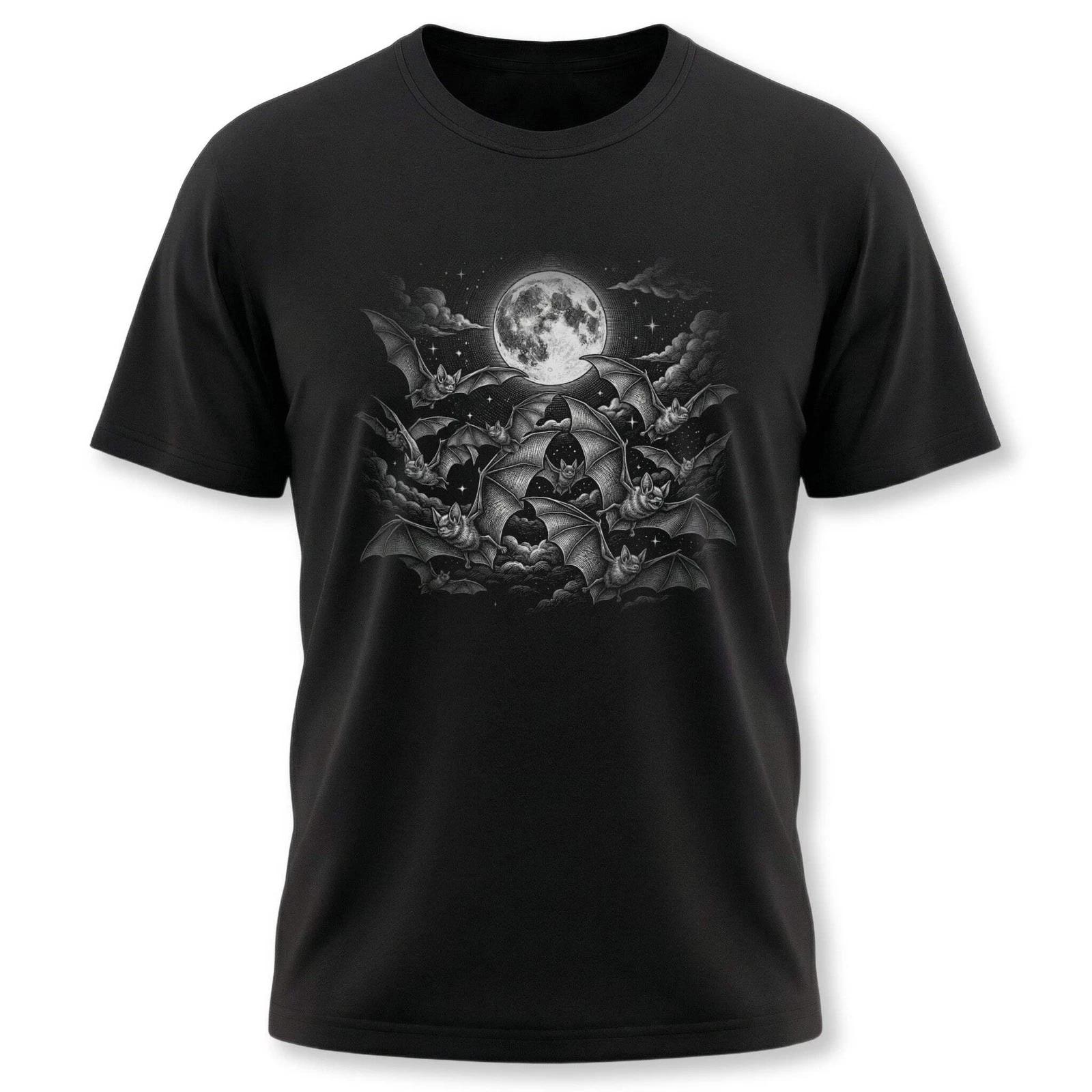 Flying Bats & Full Moon T-Shirt | Gothic Night Sky Graphic Tee Shirt Design XS
