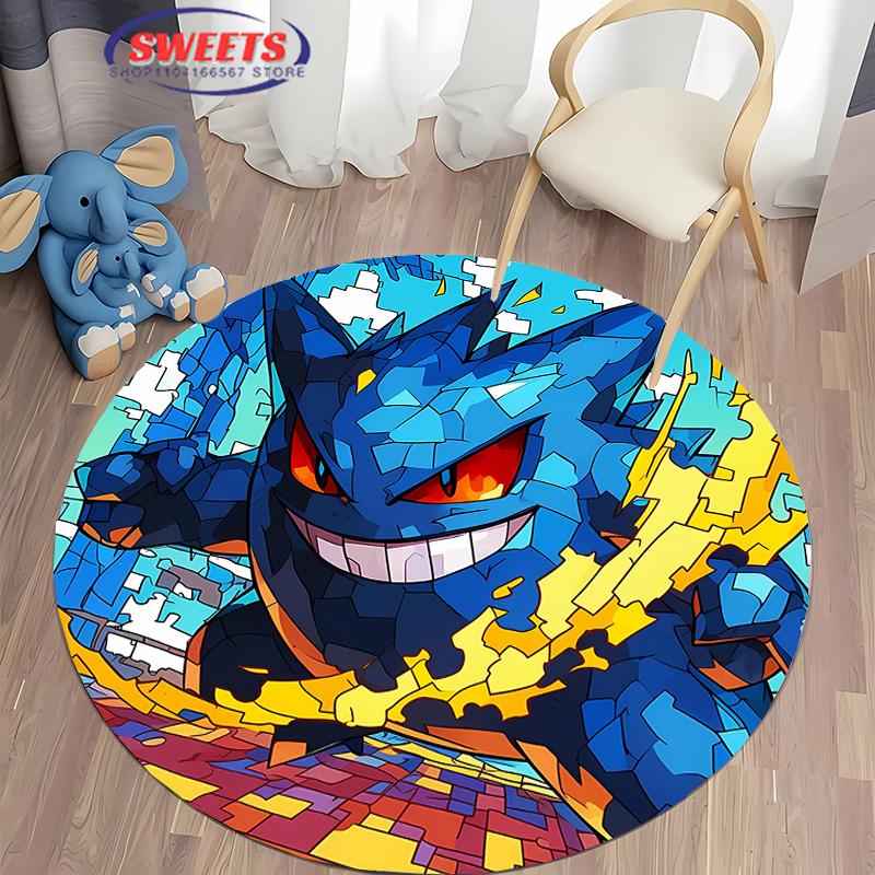 Pokemon Gengar Druck Runder Teppich, Kinderzimmer Bodenmatte Rutschfest Wohnzimmerteppich, Waschbarer Teppich für Heimdeko Geschenk Potdemiel