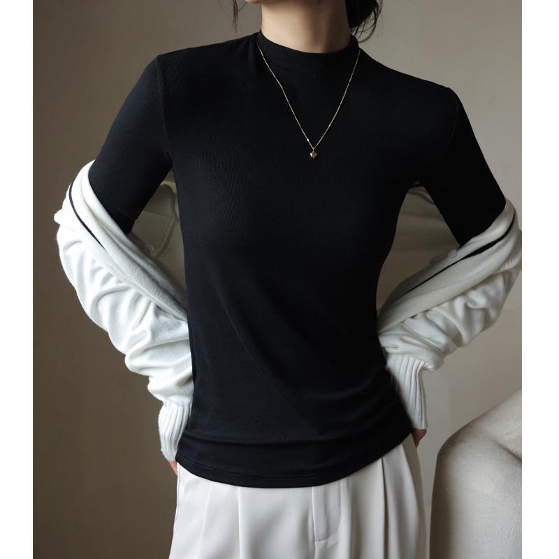 Spring new versatile small stand-up neck threaded slim and thin long-sleeved T-shirt women's niche inner top