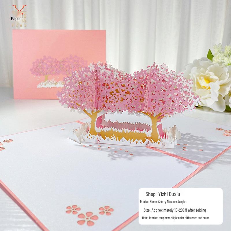 3D Valentine's Day Cherry Blossom Heart Greeting Card - Christmas Blessing & Thank You Message