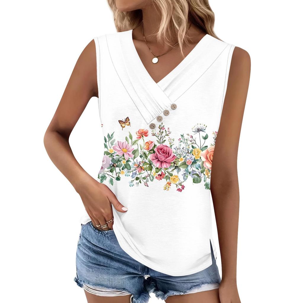 Maiou de damă cu imprimeu, cu nasturi, cu gât în V, fără mâneci, larg, top la modă