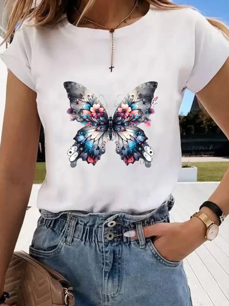 (Asian Size)  trend butterfly flower cute Graphic Tee Fashion T Clothing Women's Top  Print Female Casual  Short Sleeve T-shirts