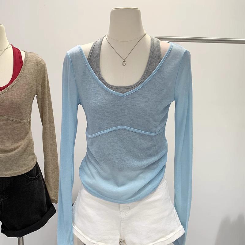 Reines Desire-Stil-Design Nackenweste + mikrotransparenter Kragen Sonnenschutzbluse T-Shirt Damen Frühling und Sommer neues zweiteiliges Paket