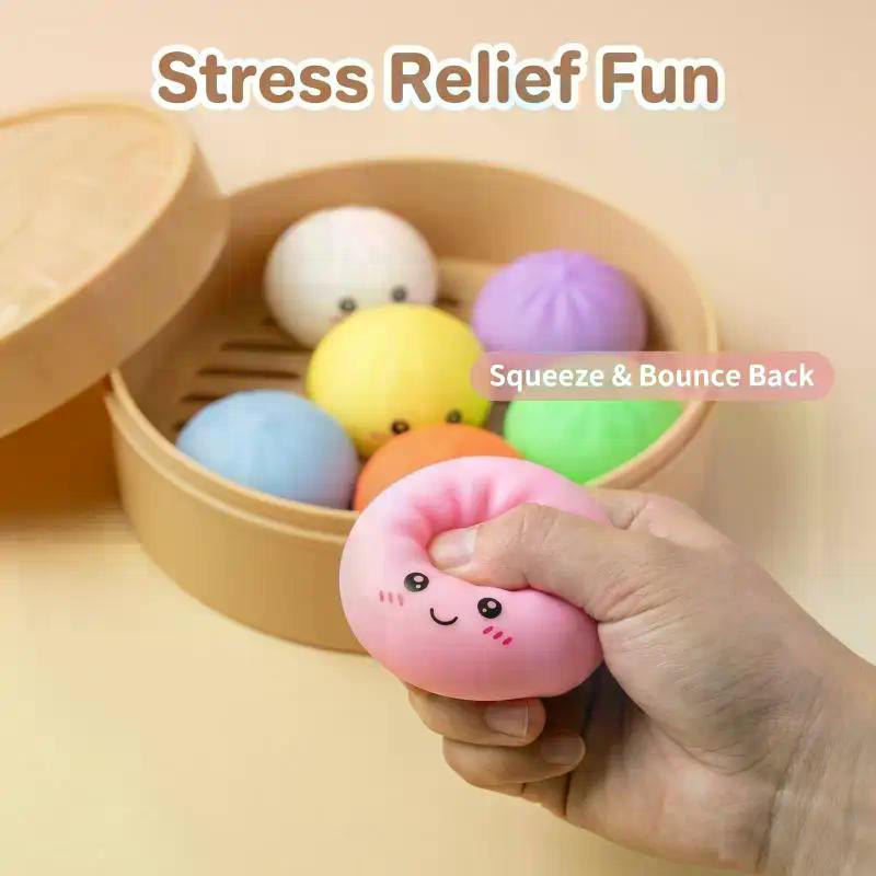 7Pcs Mini Dumplings With Steamer Bun Squeezable Toys Set Soft Stress Relief Crystal Squeeze Fidget Sensory Toy Party Favors Gift